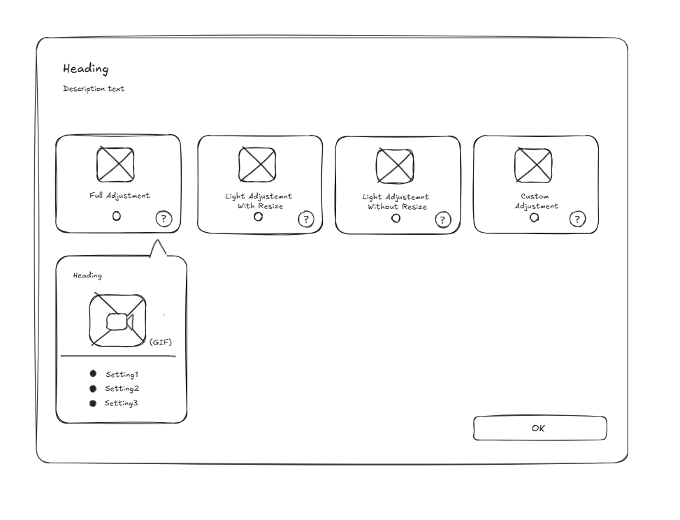 Hand-drawn sketch on graph paper: four options stacked as a radio button list