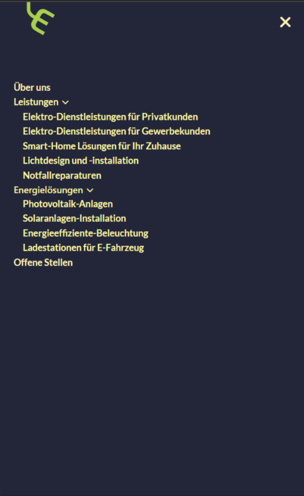 Original reference mobile menu with chevrons grouped directly against their labels and no phone number present